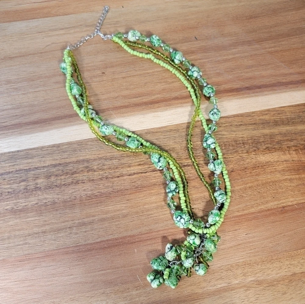 Triple strand Green Stone and Bead Statement Necklace With Tassel